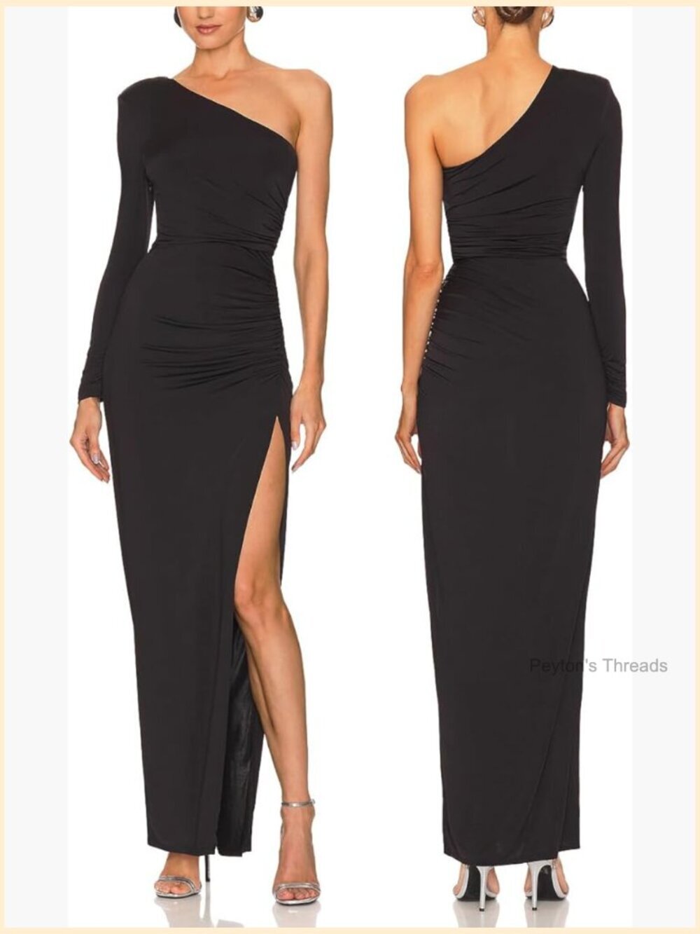 One Shoulder Long Sleeve Maxi Dress Bodycon Ruched Split Thigh Formal Dress